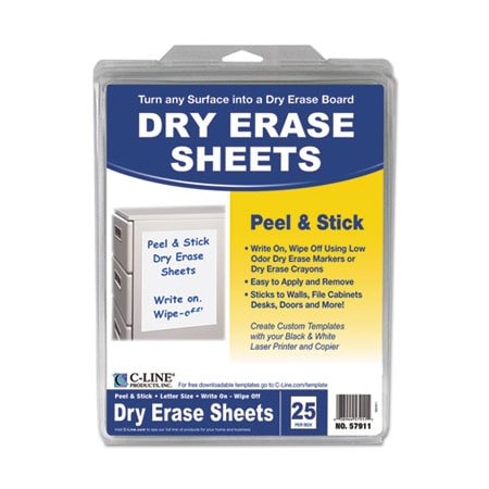 C-Line Products C-Line, Peel And Stick Dry Erase Sheets, 8 1/2 X 11, White/box, 25PK 57911